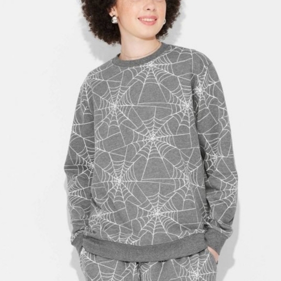 Doe Spooky Halloween Gray Spiderweb Print Crewneck Sweatshirt - Picture 1 of 8